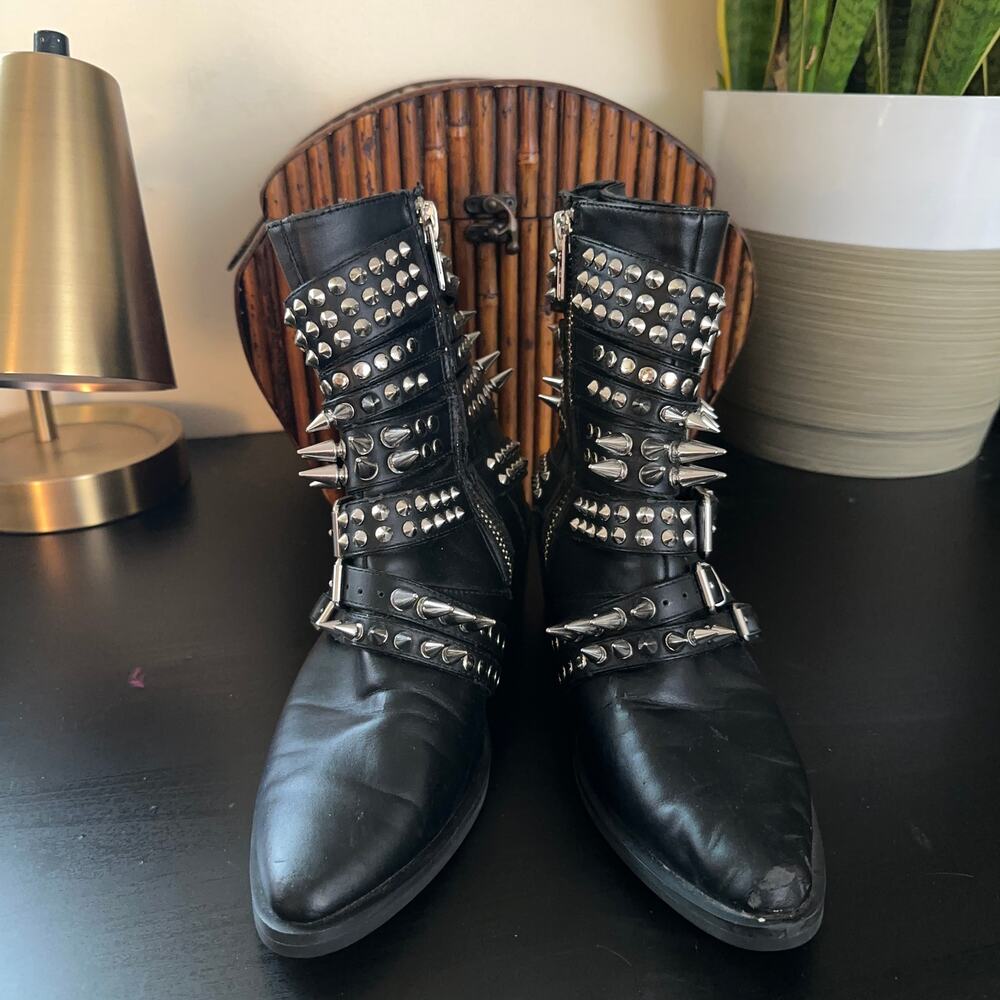 CURRENT MOOD x DOLLS KILL Rocked All Over Studded Boots Black Silver Sz 7 - Picture 3 of 9